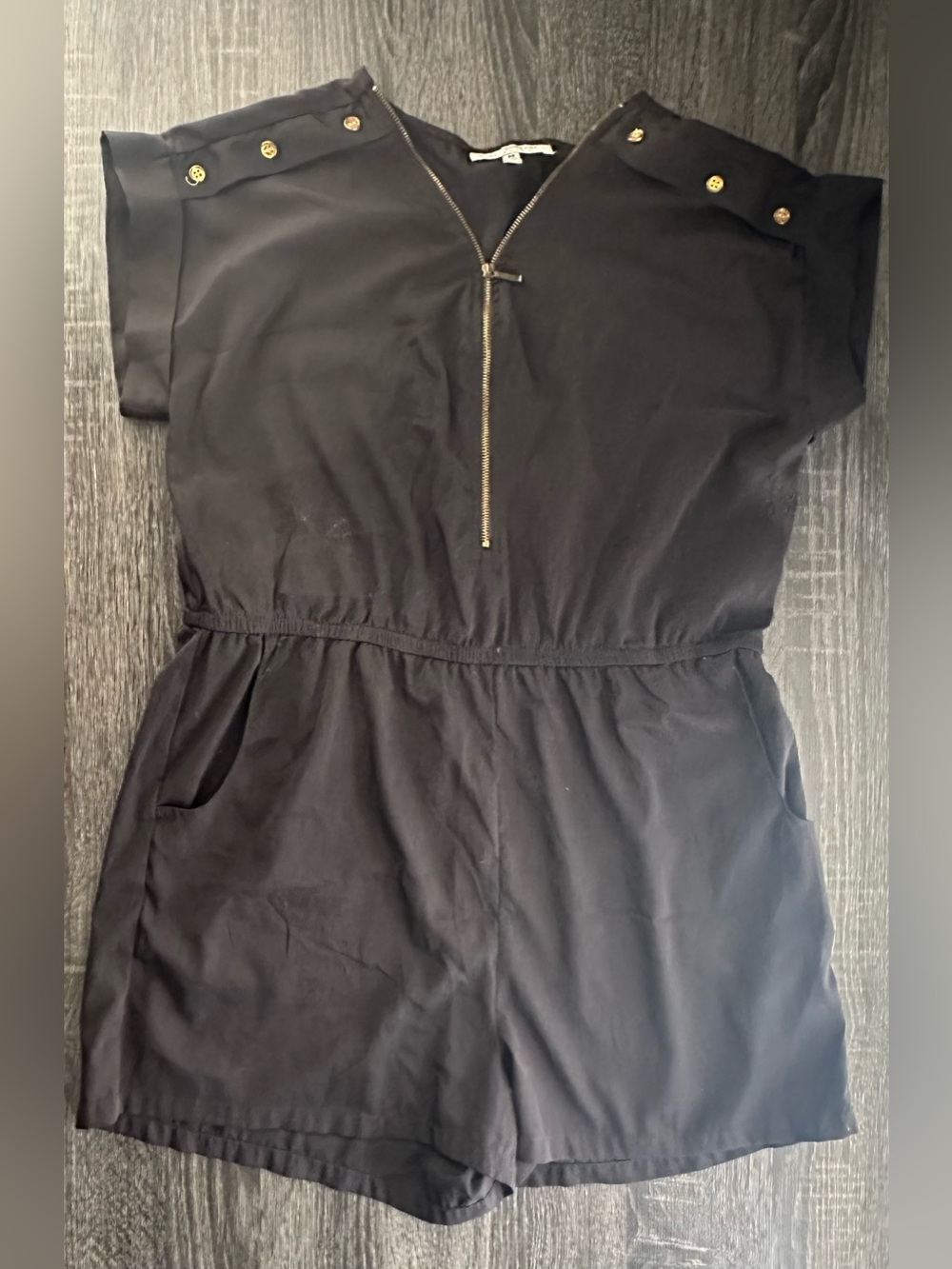 Speed Control New York Women’s Medium Black Romper Zip Front Gold Button Accent